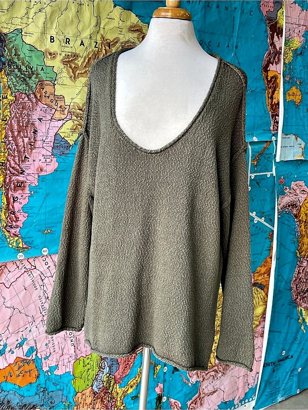 aerie V-Neck Boucle Knit Sweater Green Large